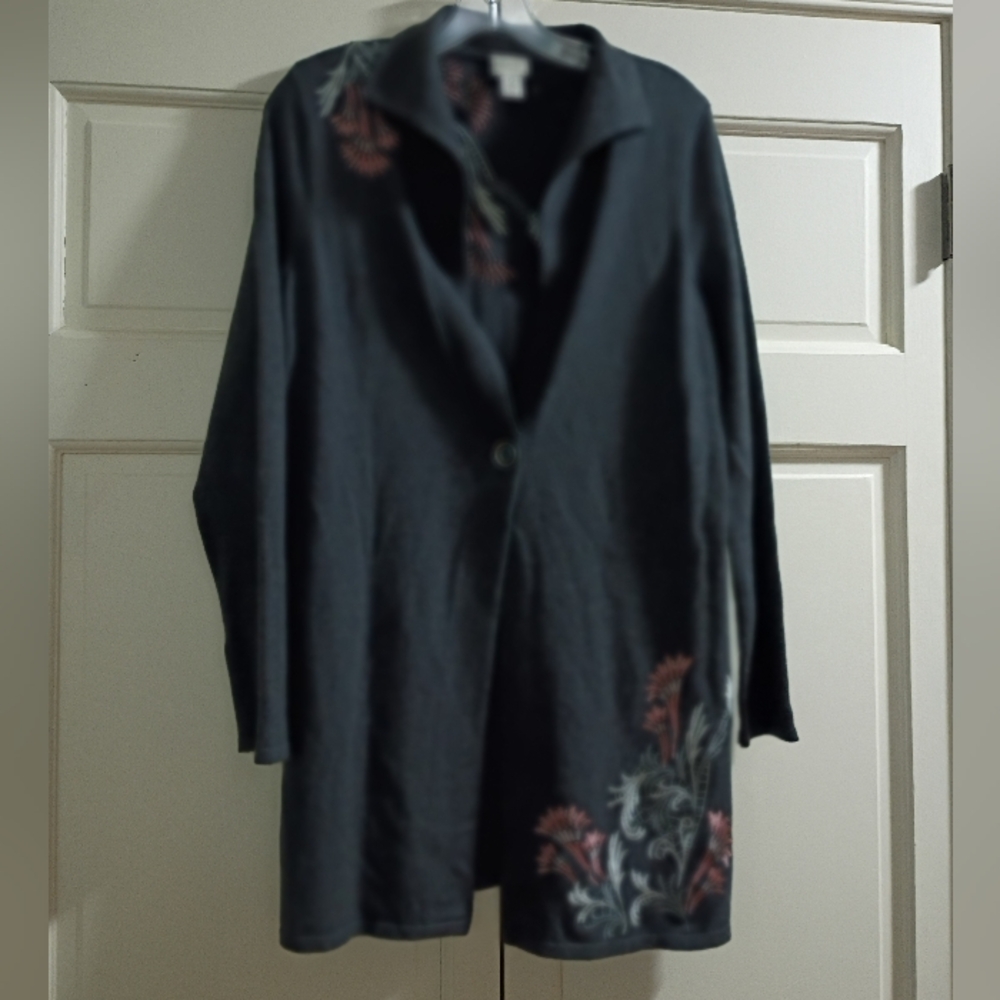 Chico's Black Cardigan with Pink and White Floral Accent.